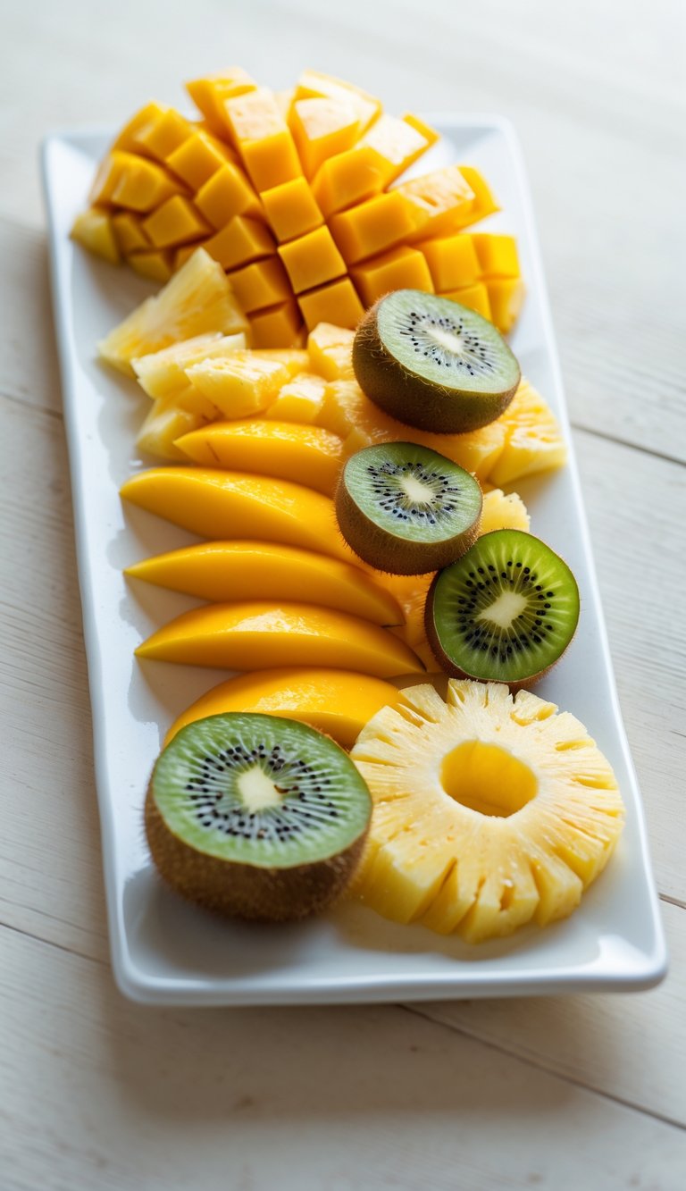 A platter with sliced mango, pineapple, and kiwi arranged neatly on a light wooden surface.