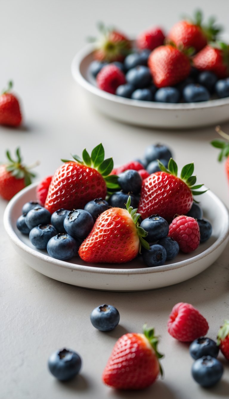 A platter of fresh strawberries, blueberries, and raspberries arranged together on a white plate.