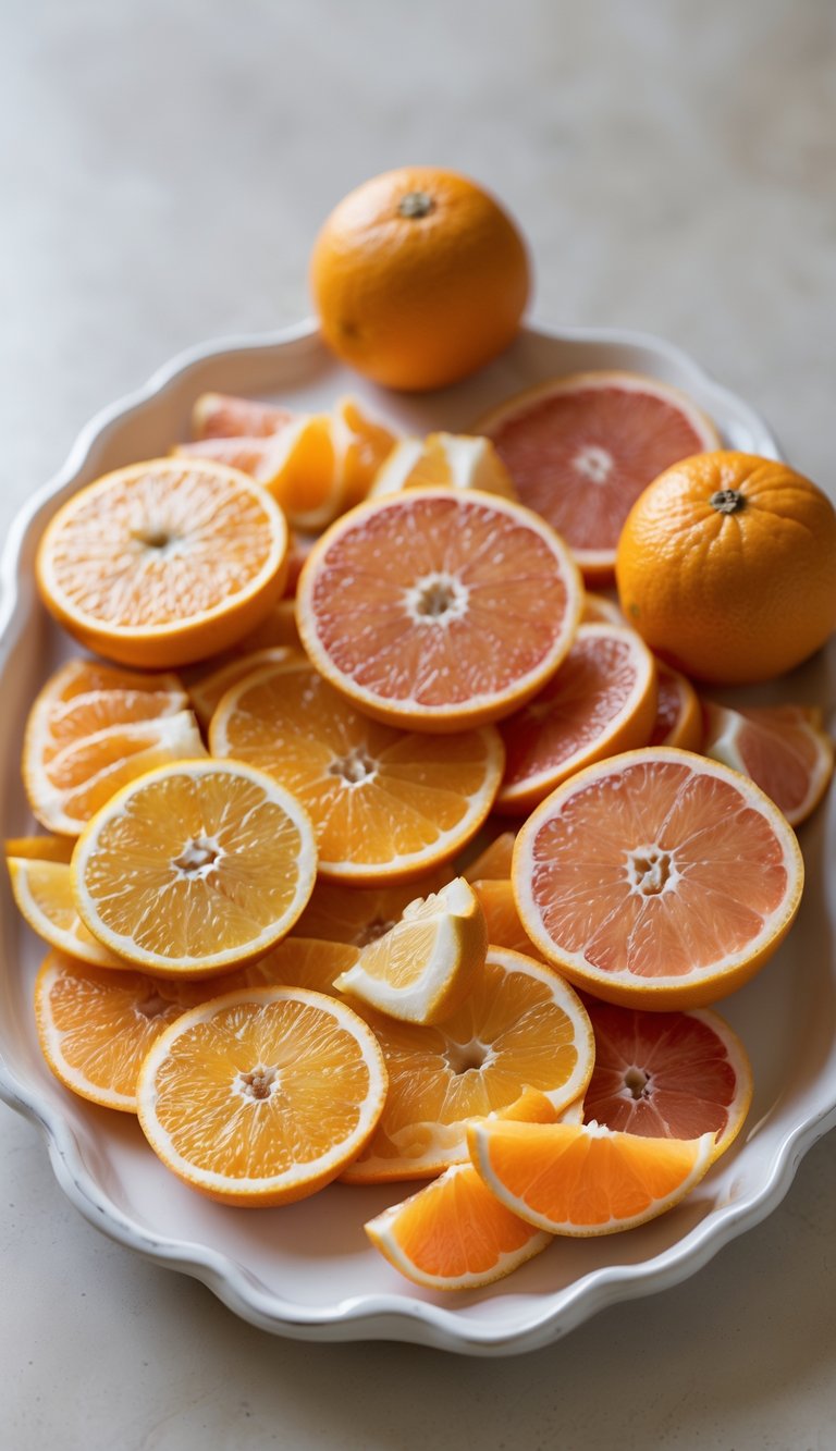 A tray with orange slices, grapefruit segments, and whole tangerines arranged together.