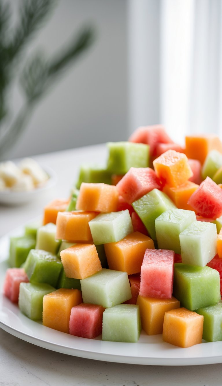 A close-up of a white platter with neatly arranged cubes of cantaloupe, honeydew, and watermelon.