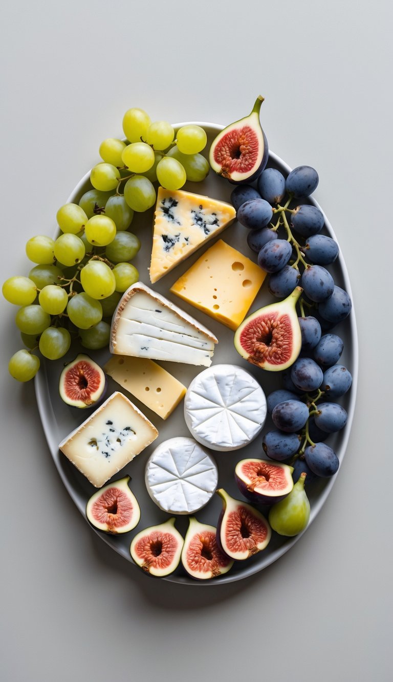 A gourmet cheese and fruit buffet with assorted cheeses, green and red grapes, and sliced ripe figs arranged on a platter.