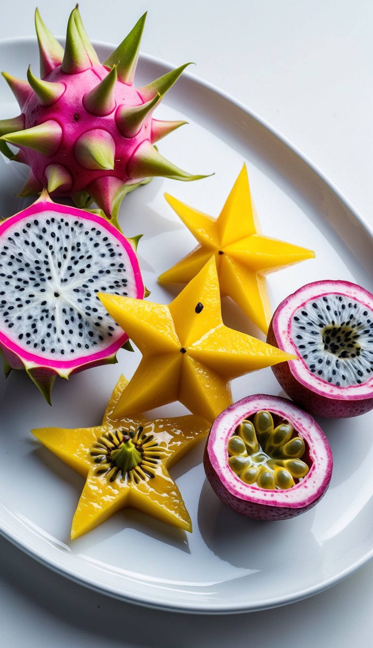 A platter with sliced dragon fruit, starfruit, and passionfruit arranged together.