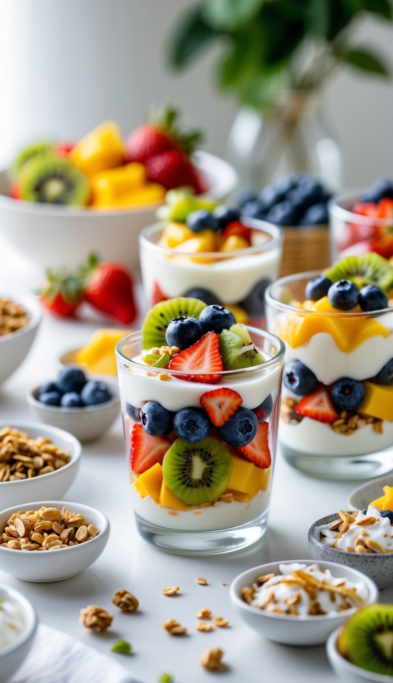 A fruit and yogurt parfait station with clear cups of layered yogurt and fresh fruit, surrounded by small bowls of assorted toppings on a white surface.
