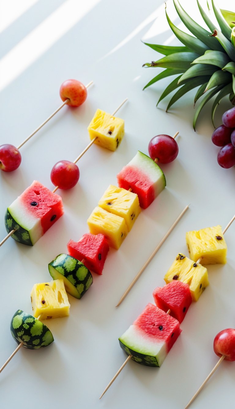 Close-up of fruit skewers with watermelon, pineapple, and grapes arranged on a white surface.