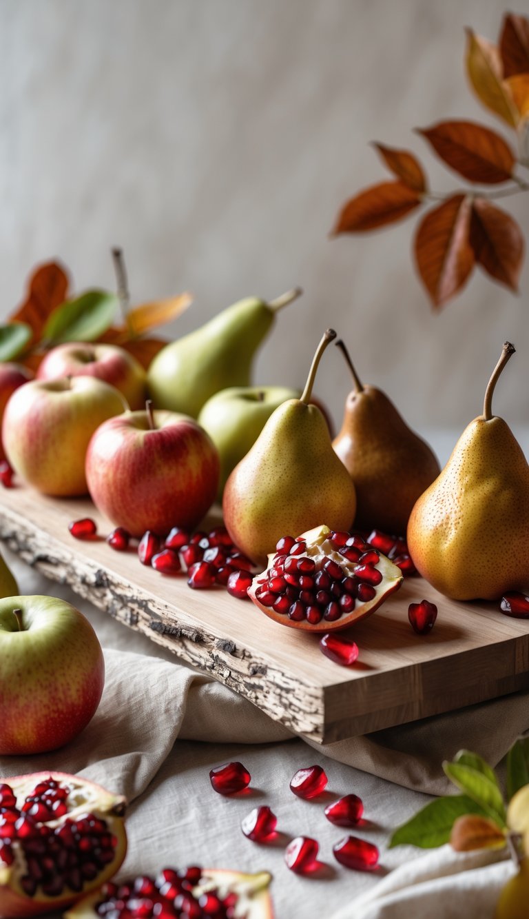 A platter with apples, pears, and pomegranate seeds arranged for a seasonal autumn fruit buffet.