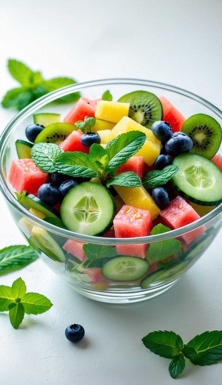 A clear glass bowl filled with a cucumber and mint fruit salad including watermelon, kiwi, and blueberries on a white background.