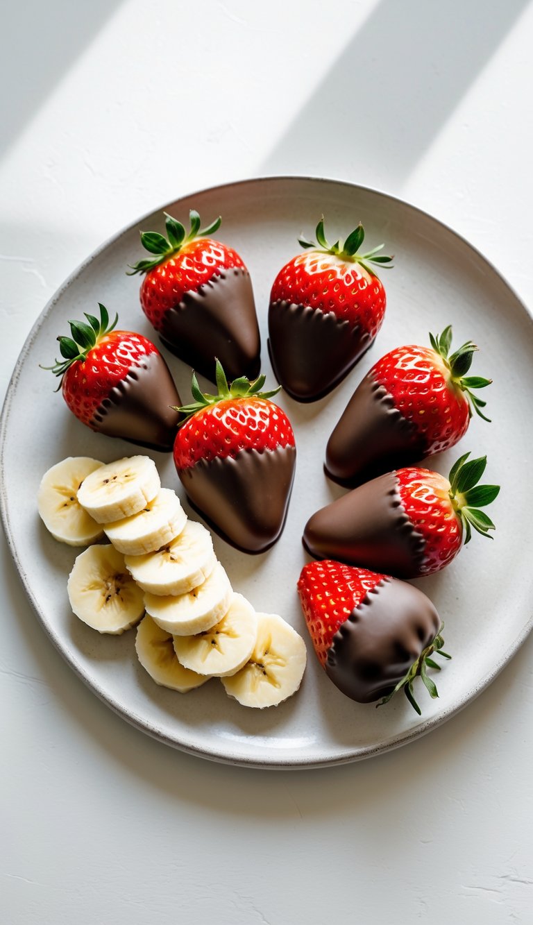 A fruit platter with chocolate-dipped strawberries and banana slices arranged on a white plate.