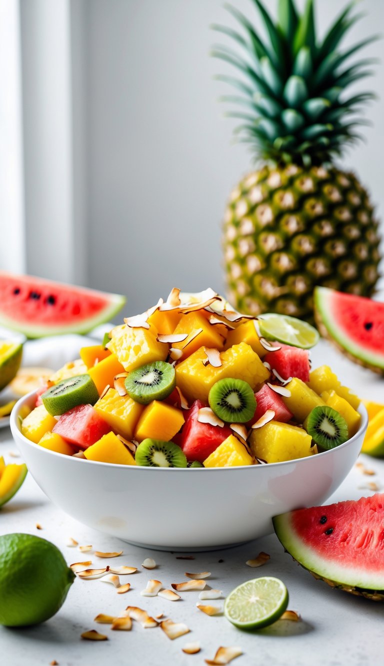 A bowl of tropical fruit salad with pineapple, mango, papaya, kiwi, watermelon, toasted coconut flakes, and lime wedges on a neutral surface.