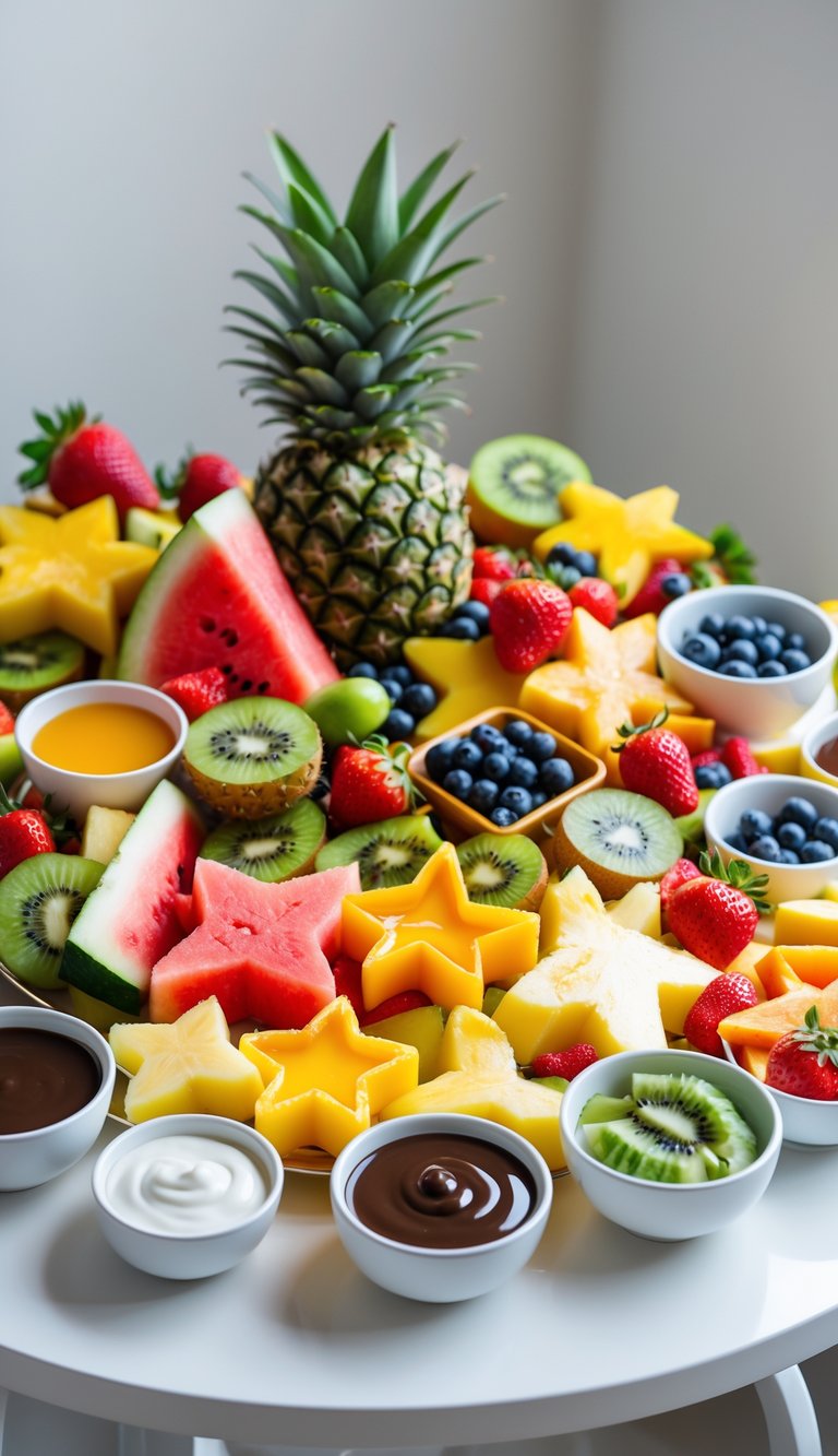 A colorful kids’ fruit buffet with fruit cut into fun shapes and small bowls of dips arranged on a white table.