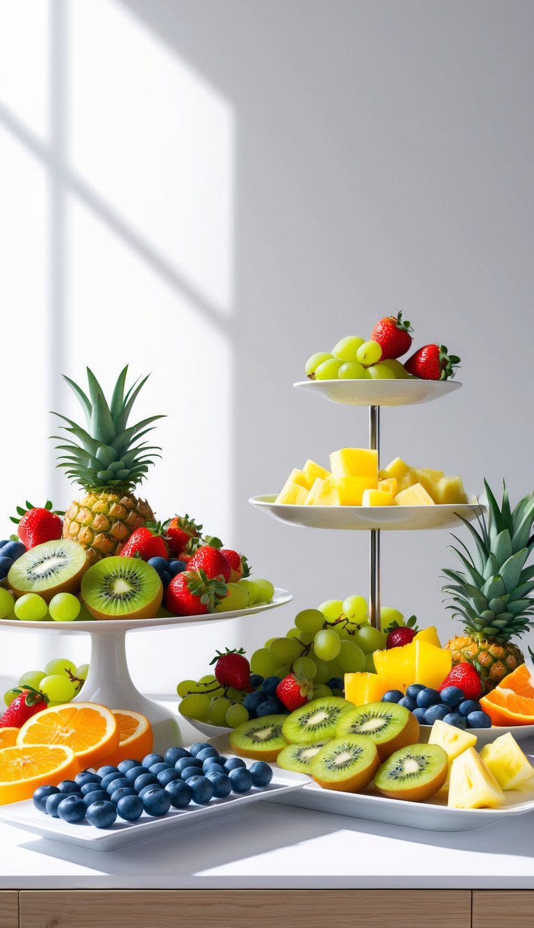 A neatly arranged fruit platter buffet with various fresh fruits on white platters and wooden table.