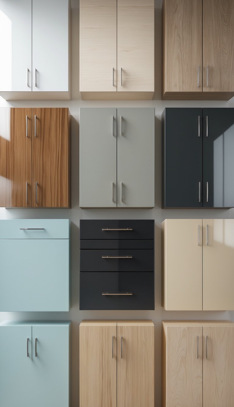 A modern kitchen interior showing eleven different kitchen cabinet fronts with various colors and finishes arranged neatly.