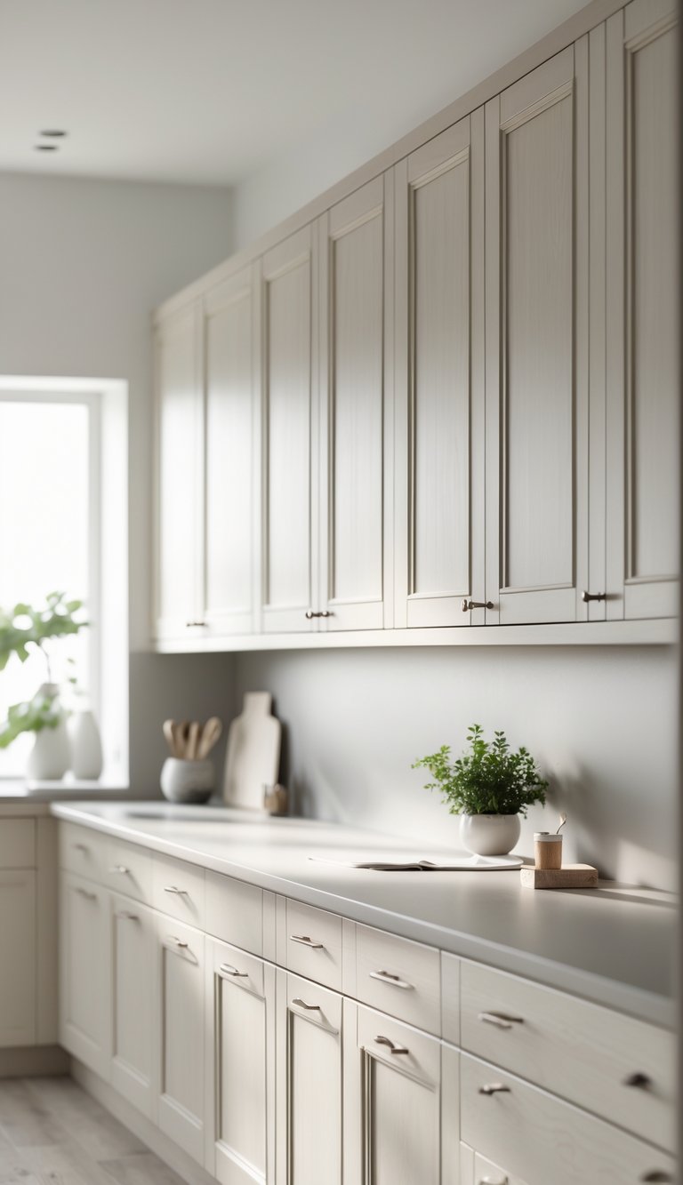 A modern kitchen interior featuring clean, white cabinets with simple doors and a countertop with minimal decor.
