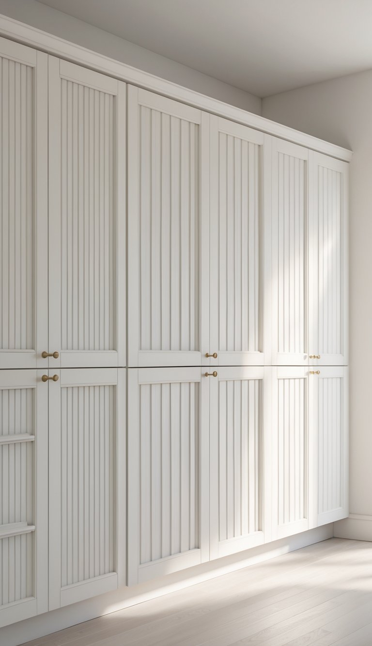 Close-up view of white beadboard kitchen cabinet doors with vertical grooves in a simple kitchen setting.