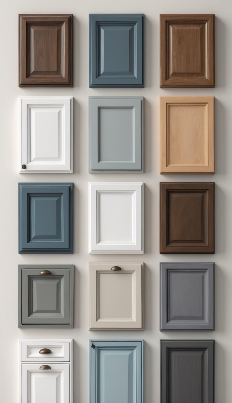 Eleven different kitchen inset cabinet fronts displayed side by side on a neutral background.
