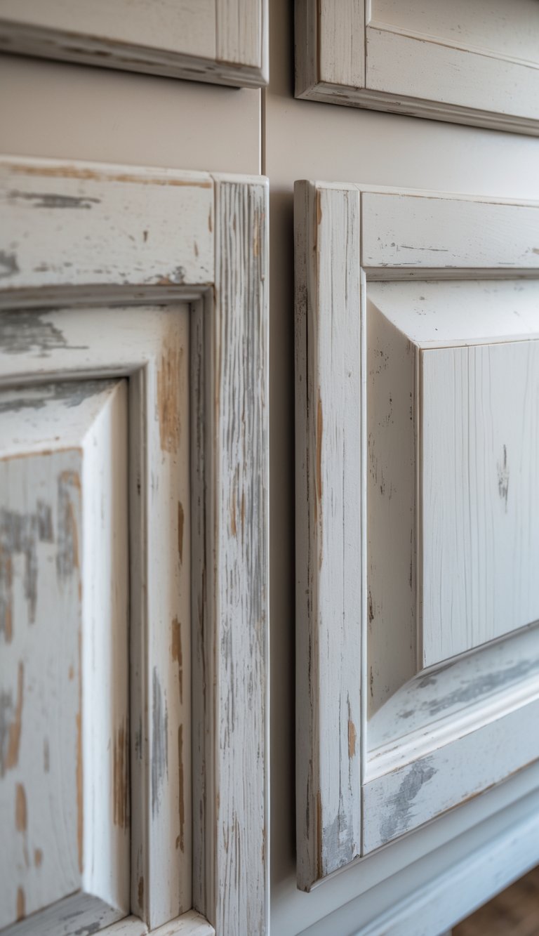 Close-up of rustic wooden kitchen cabinet doors with weathered paint and visible wood grain.