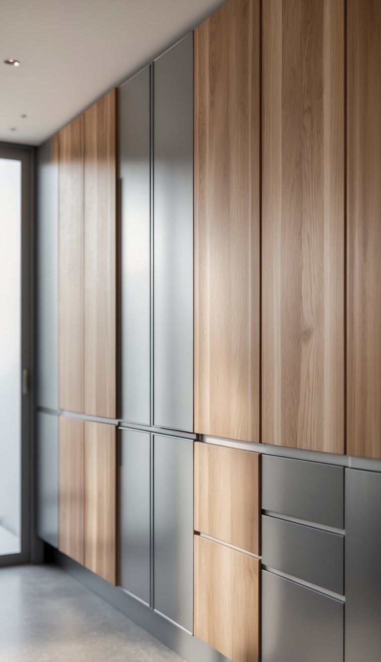 Close-up view of kitchen cabinet fronts made from wood and metal in a modern kitchen.
