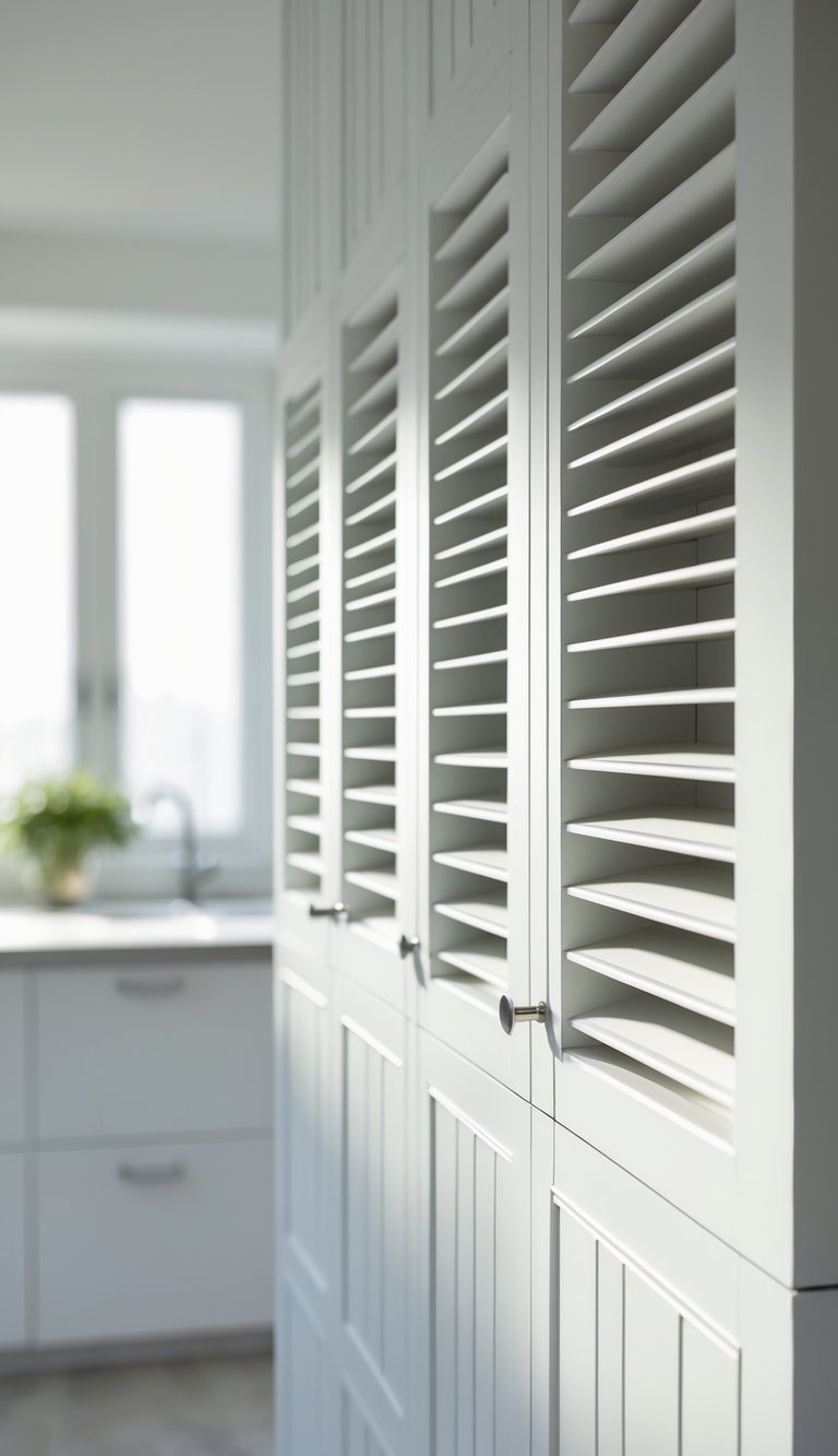 Close-up view of white louvered kitchen cabinet doors in a modern kitchen setting.