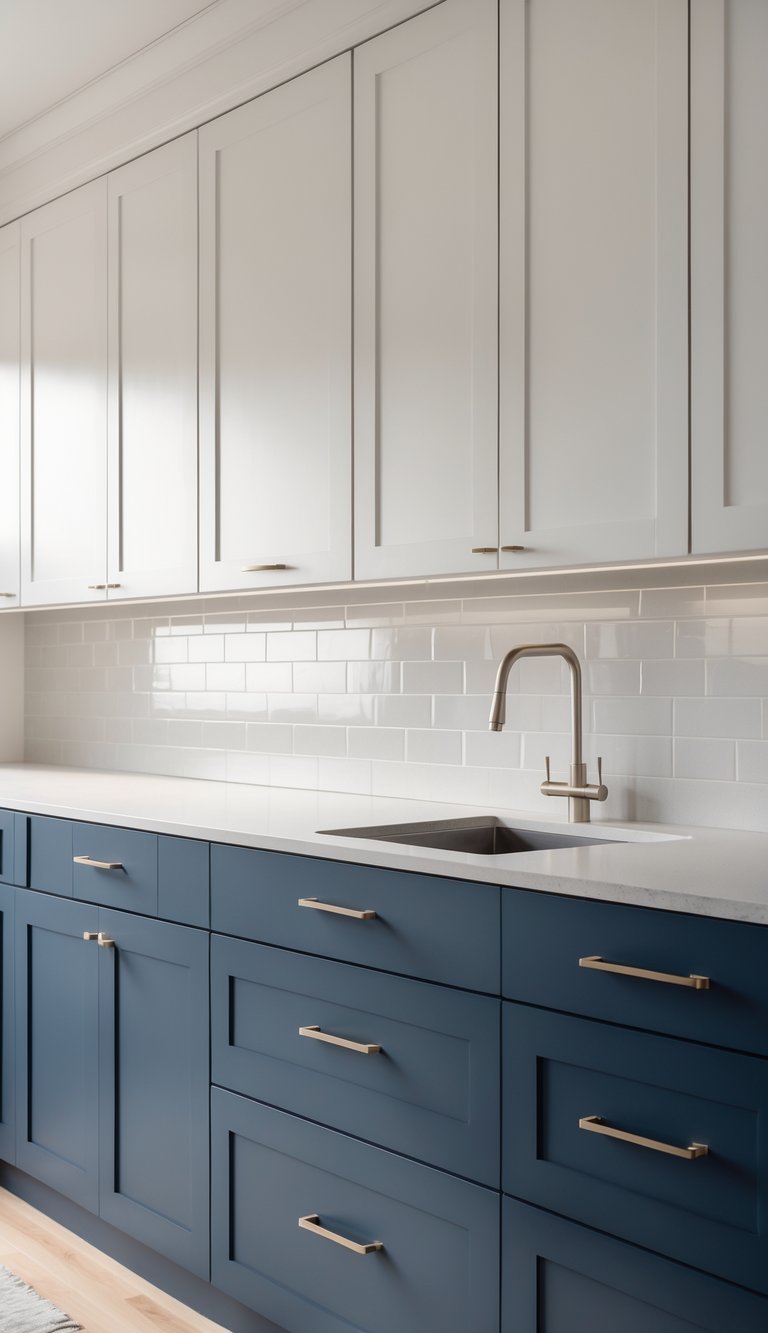 Modern kitchen with upper white cabinets and lower navy blue cabinets, featuring a light countertop and stainless steel faucet.