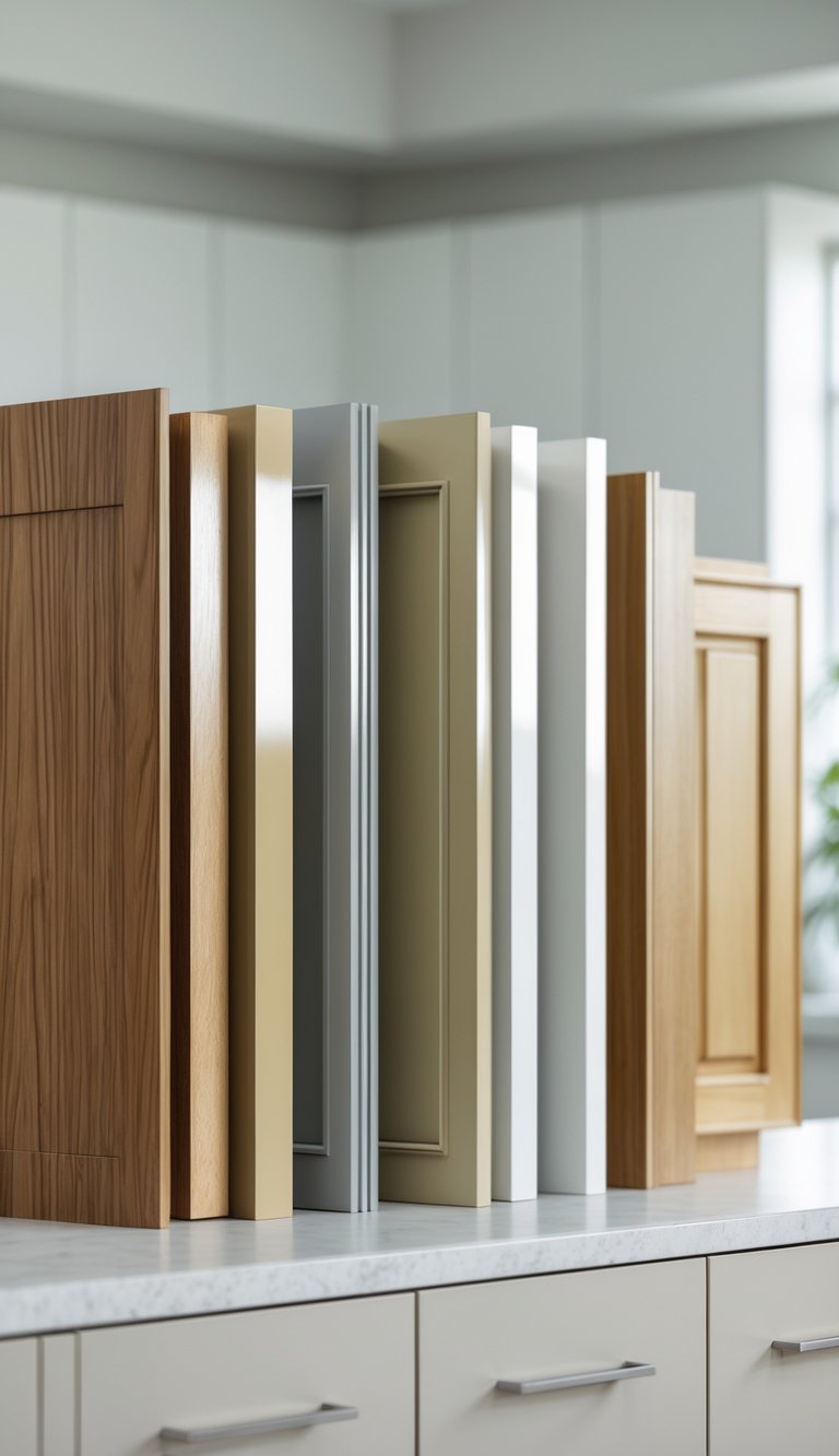 A display of various kitchen cabinet fronts showing different materials and finishes arranged on a countertop in a modern kitchen.