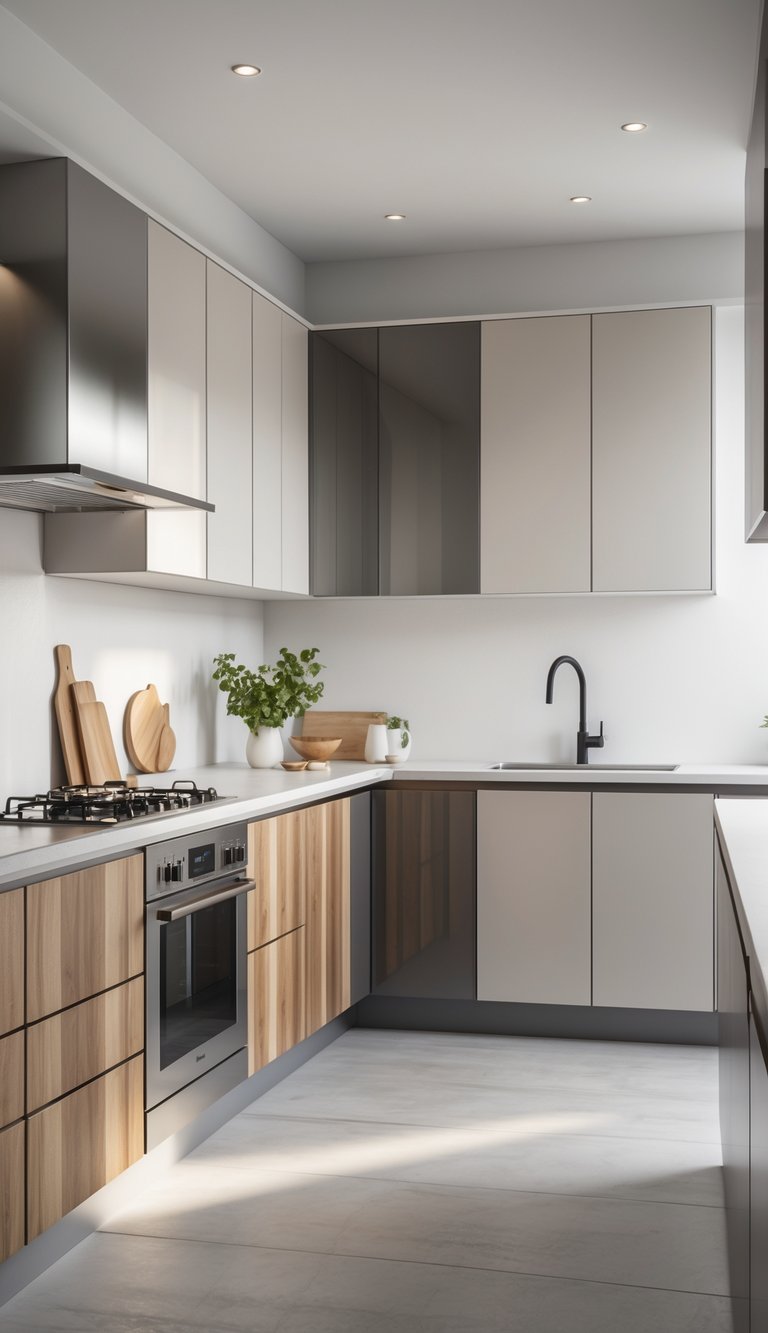 A modern kitchen showcasing eleven different kitchen cabinet fronts with various finishes and colors.