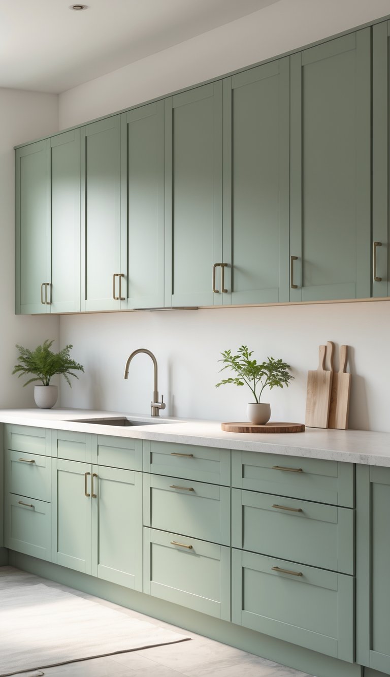 A modern kitchen with seven sage green cabinets, light countertop, and a small potted plant on the counter.