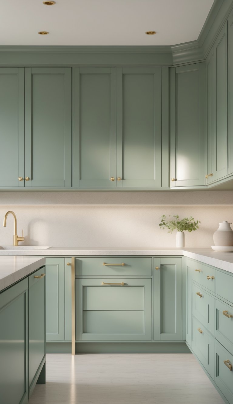 A modern kitchen with sage green cabinets and gold handles, featuring a clean countertop and minimal background.