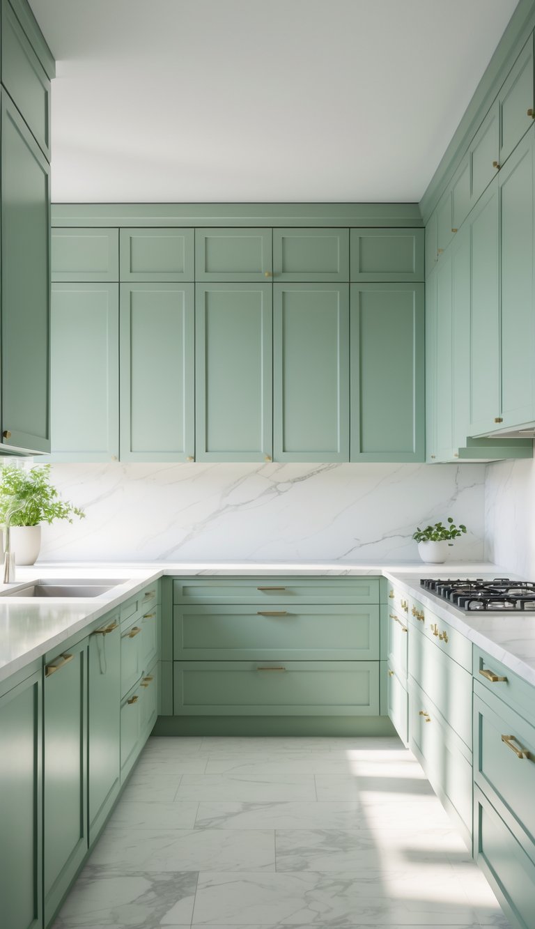 A modern kitchen with sage green cabinets and white marble countertops illuminated by natural light.