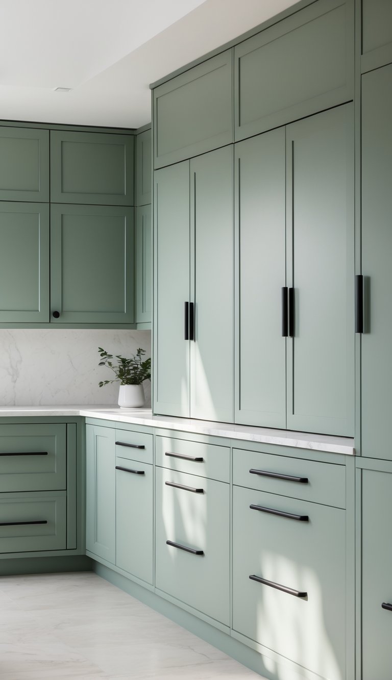A kitchen with seven sage green cabinets featuring matte black handles.