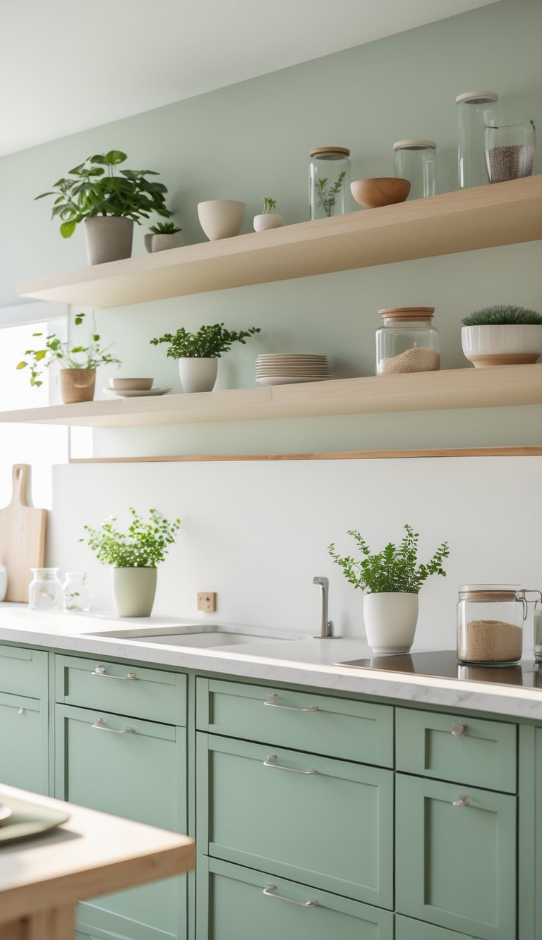 A kitchen with sage green cabinets and open shelves displaying decorative items like plants and bowls above them.