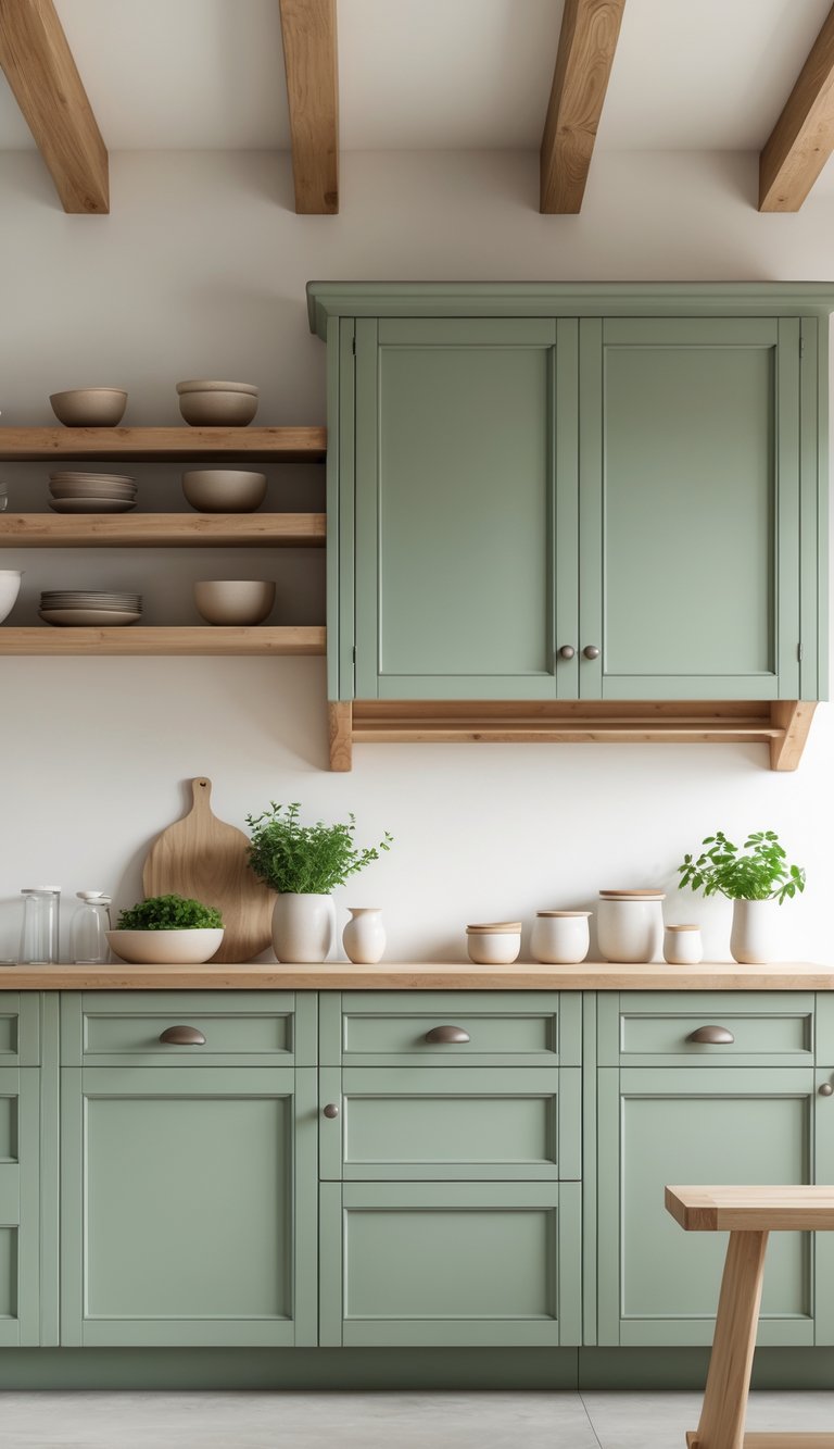 A kitchen with sage green cabinets and oak wood accents, featuring simple kitchen accessories and natural lighting.