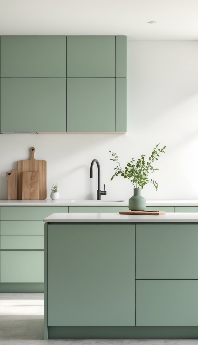 A modern kitchen with a matching sage green island and cabinets, featuring natural light and minimal decor.