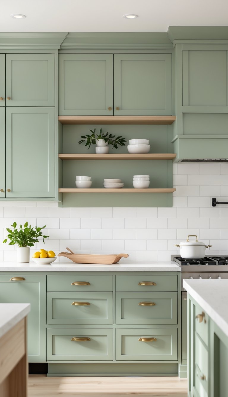 A modern kitchen with sage green cabinets, white countertops, light wood shelves, and brass hardware, illuminated by natural light.