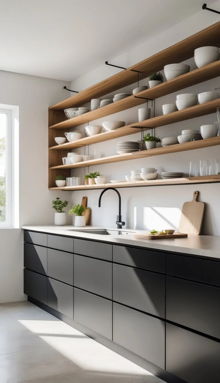 Black Kitchen Cabinet Ideas to Transform Your Home with Style 7 A modern kitchen with open wooden shelves above black cabinets, featuring neatly arranged dishes and plants.