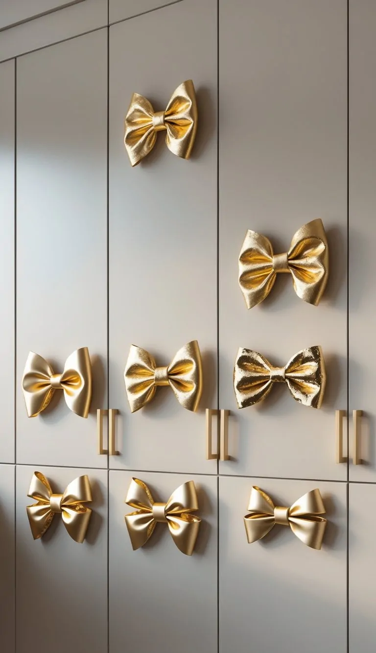 Close-up of a modern kitchen cabinet with seven gold metallic bows attached to the handles, highlighting decorative details.