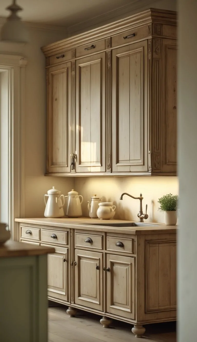 A clean kitchen interior featuring wooden cabinets with decorative handles and a few kitchen accessories on the countertop.