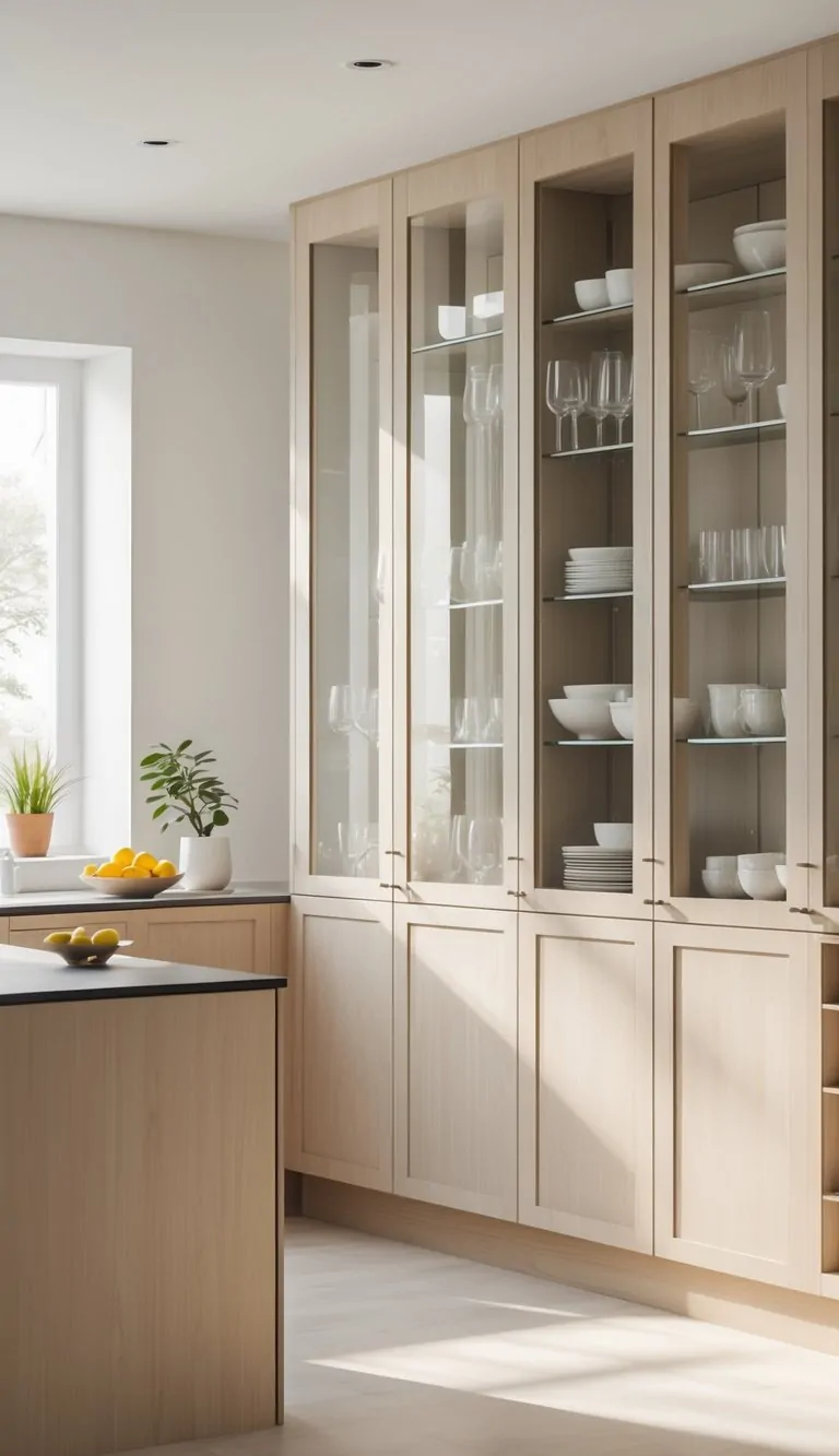 A modern kitchen with seven glass-door cabinets displaying dishes and glassware inside.