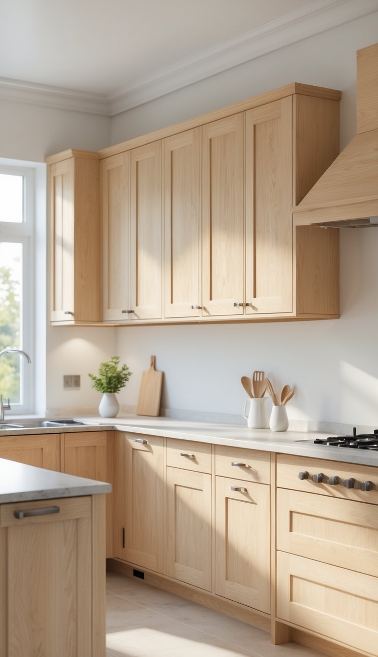 A modern kitchen with light oak cabinets featuring inset panel doors arranged along the walls.