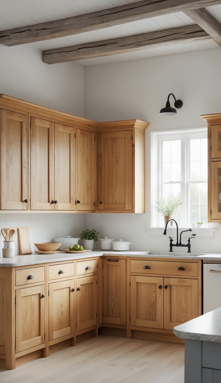 A bright kitchen with seven oak cabinets arranged along the walls, showcasing natural wood finishes and simple hardware.