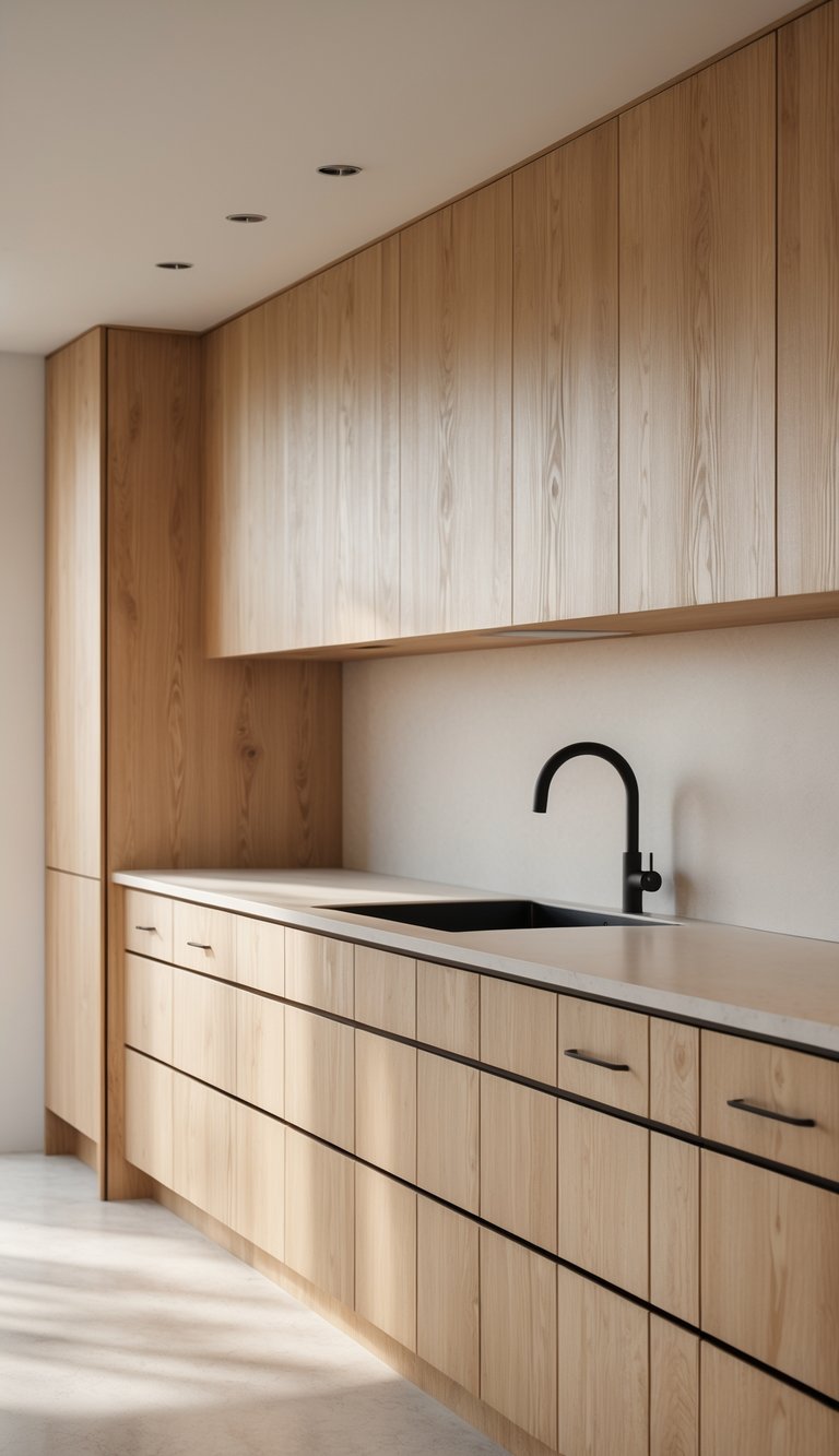 Modern kitchen with oak cabinets and black handles, featuring a clean countertop and natural lighting.