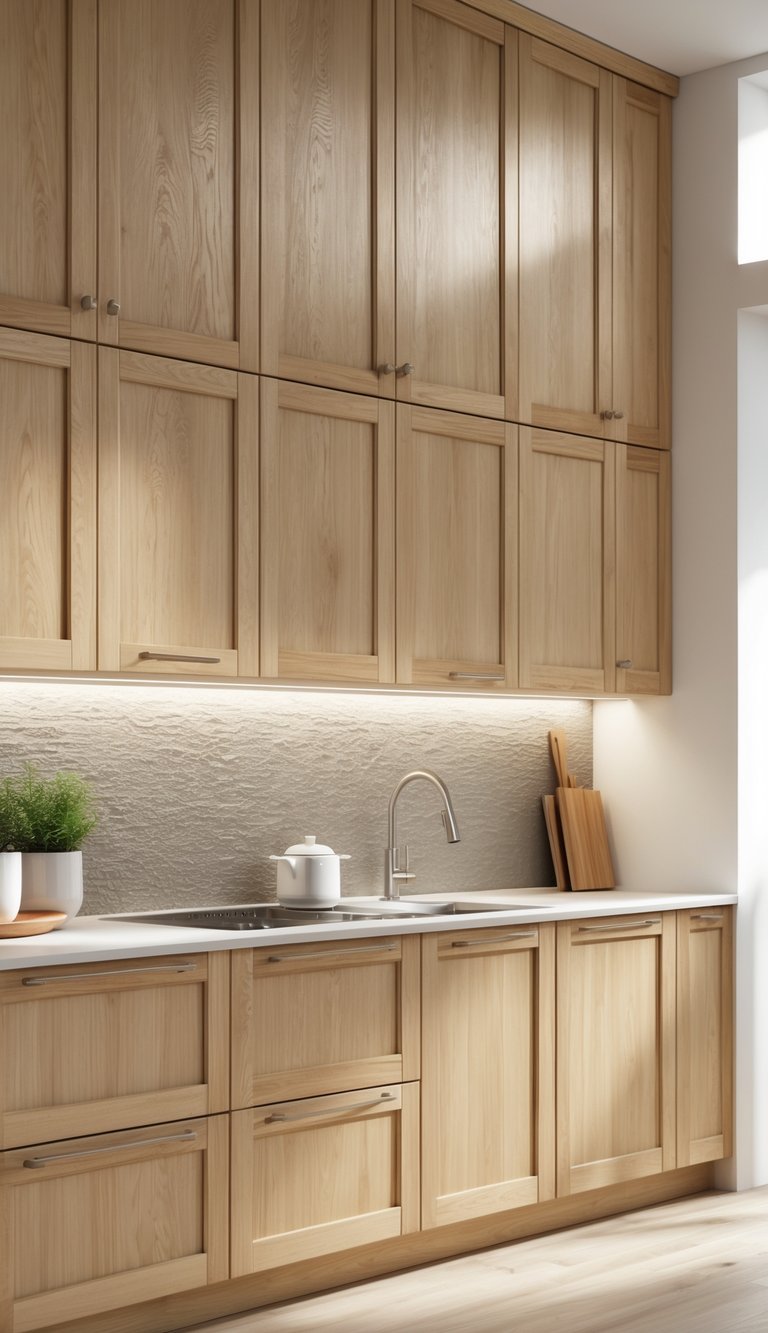 A modern kitchen with natural oak cabinets and a textured backsplash.