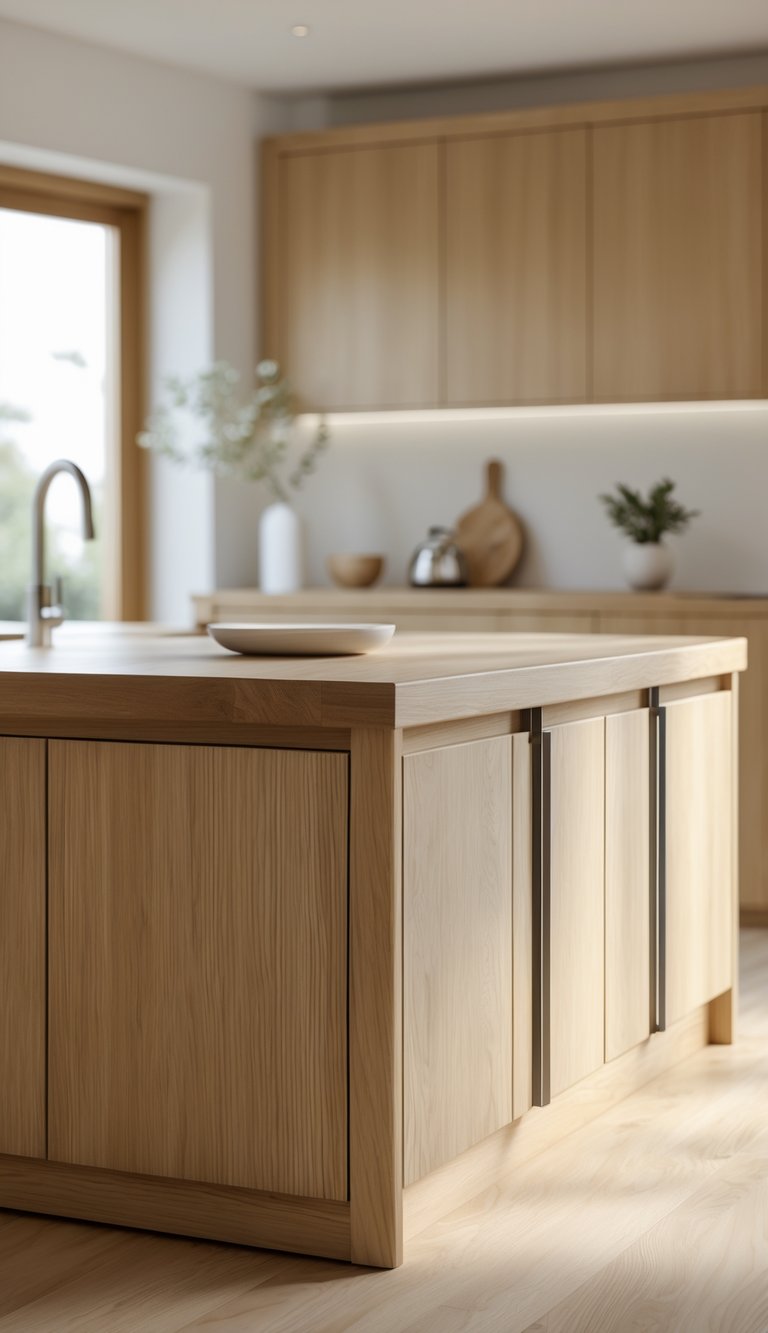 A kitchen with a white oak island featuring vertical cabinet pulls and matching oak cabinets in the background.