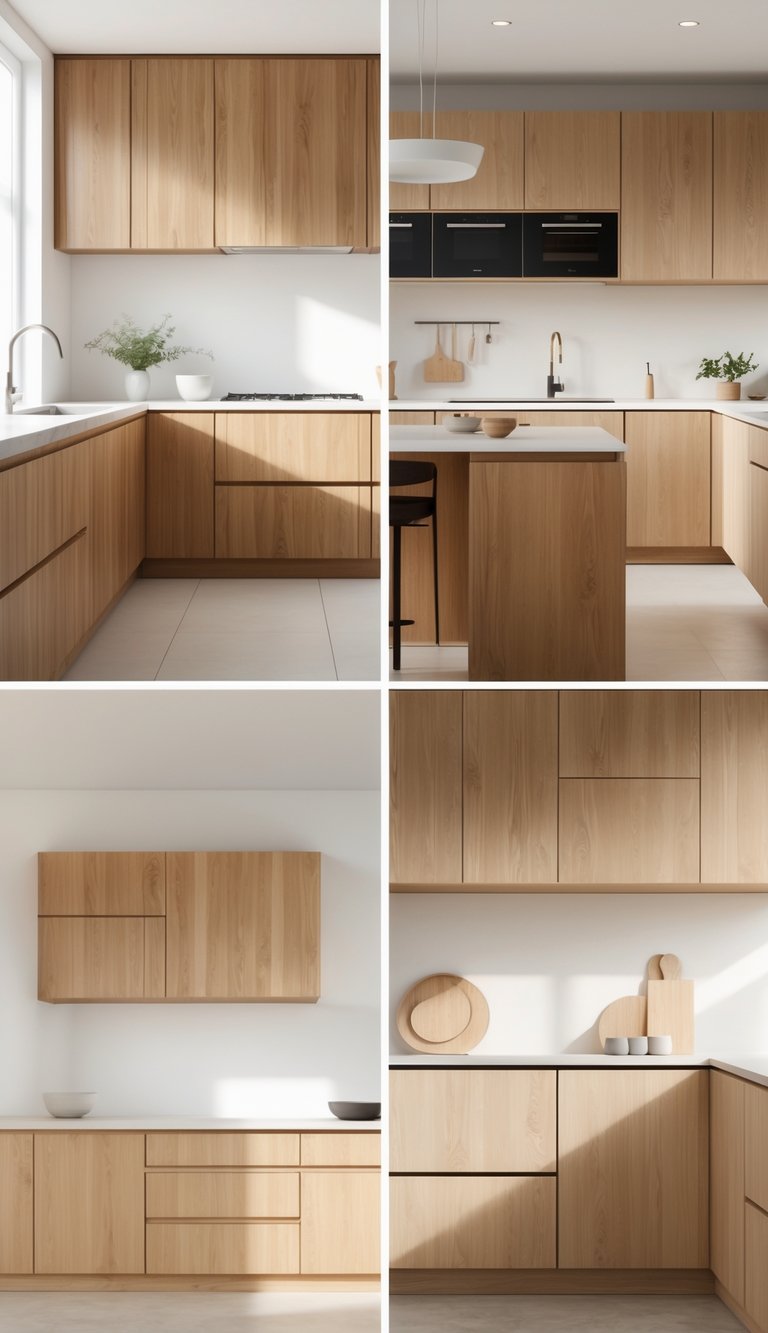 A bright kitchen interior with seven different oak kitchen cabinets arranged in a clean and inviting space.