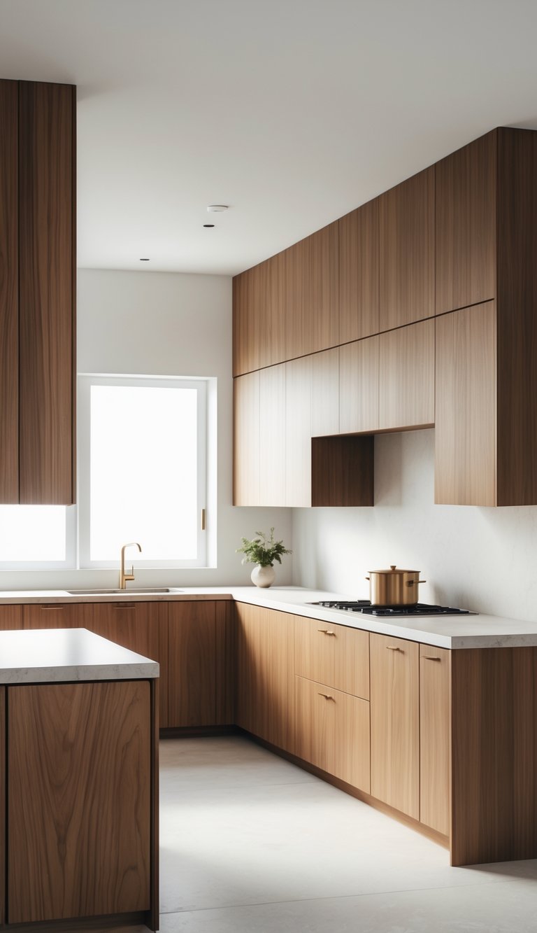 A modern kitchen with warm walnut wood cabinets and a light countertop under natural lighting.