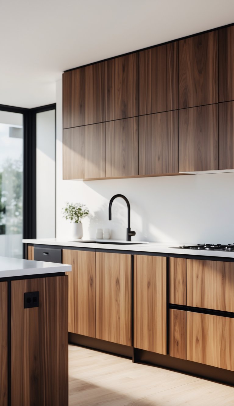 A modern kitchen with walnut cabinets, white countertops, and black hardware.
