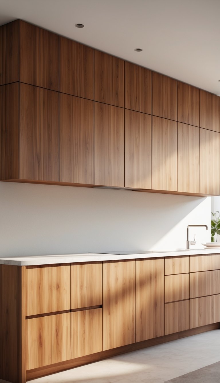 A modern kitchen with warm honey-toned walnut cabinets and a clean, minimal countertop.