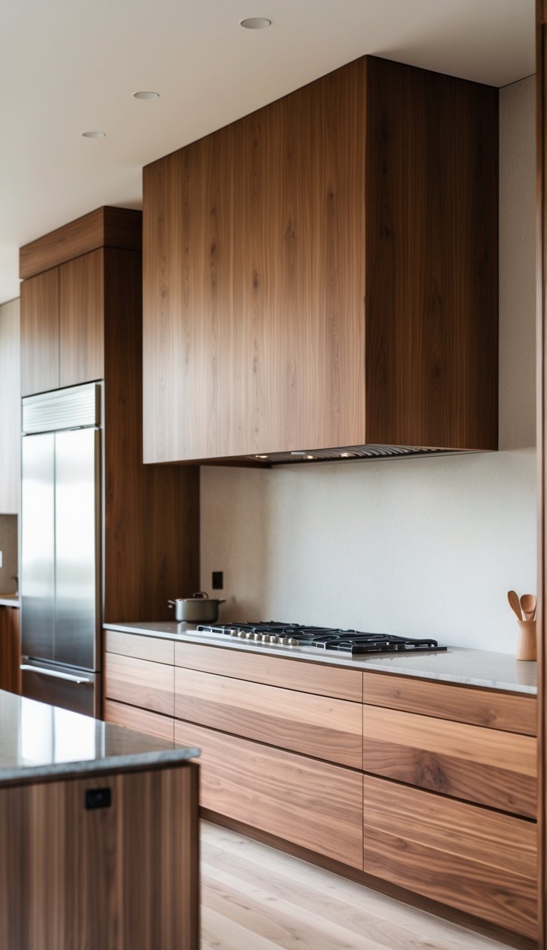 A modern kitchen with a large walnut hood and matching walnut cabinets surrounding a clean cooking area.