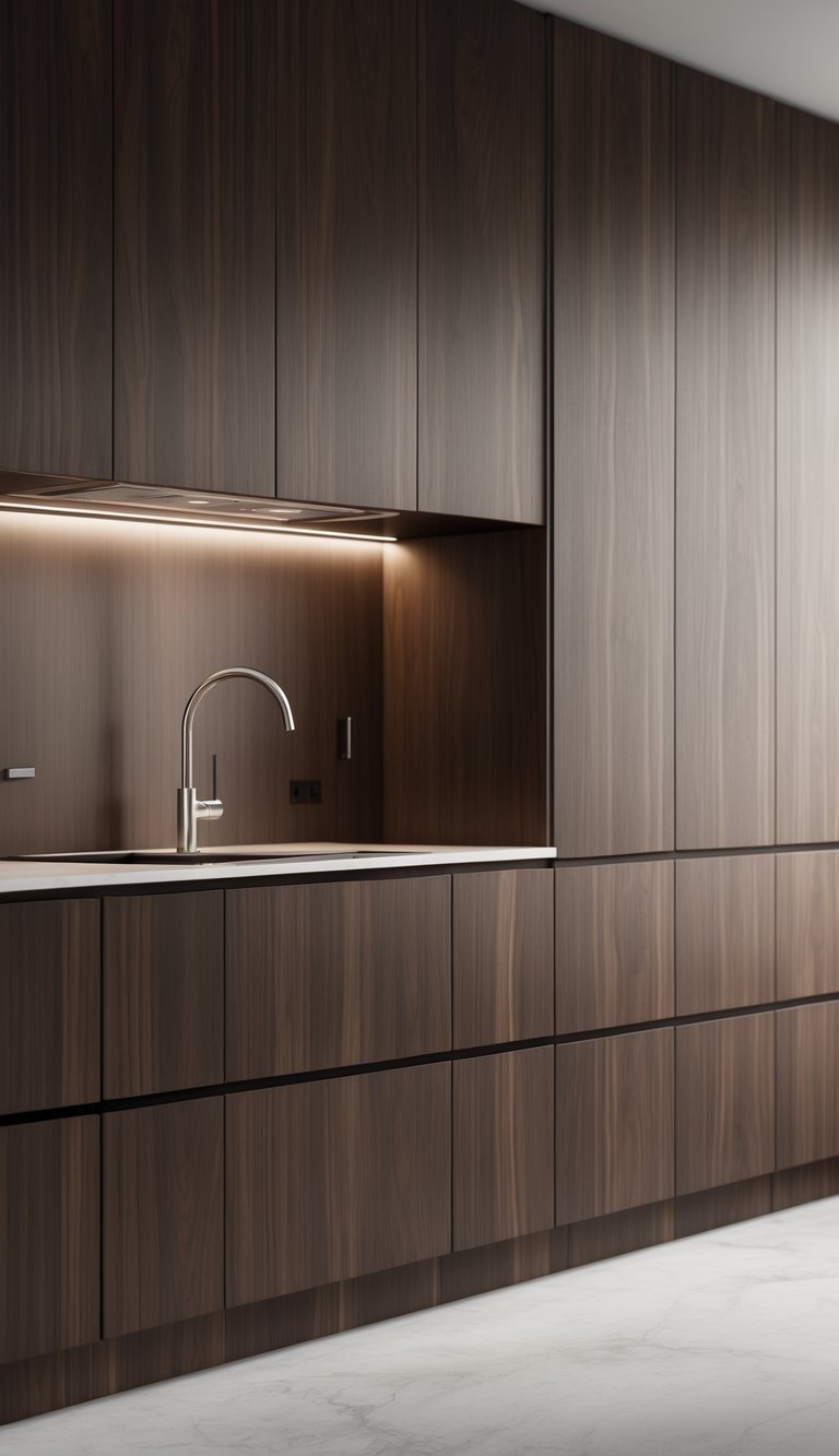 A modern kitchen with dark walnut cabinets, a clean countertop, and a stainless steel faucet.