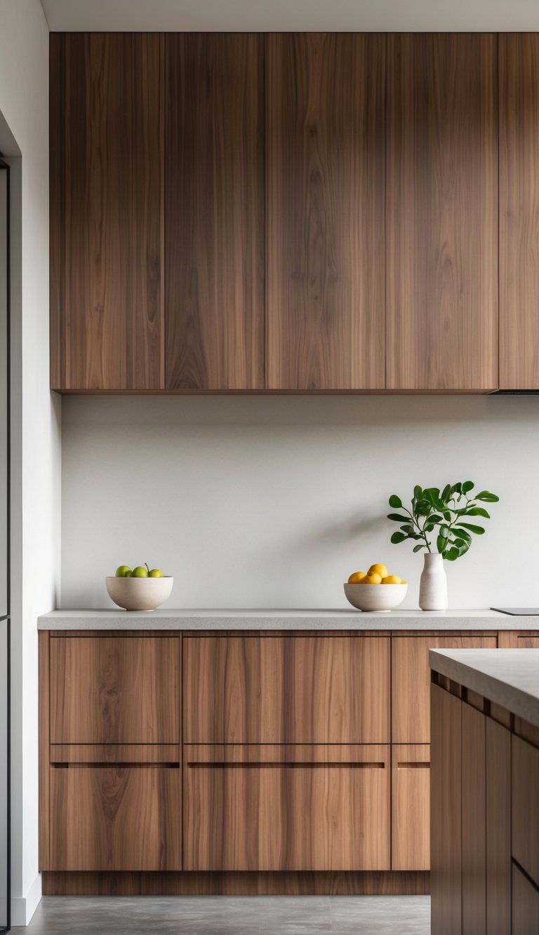 A modern kitchen featuring warm walnut cabinets with a light countertop, a bowl of fruit, and a small green plant.