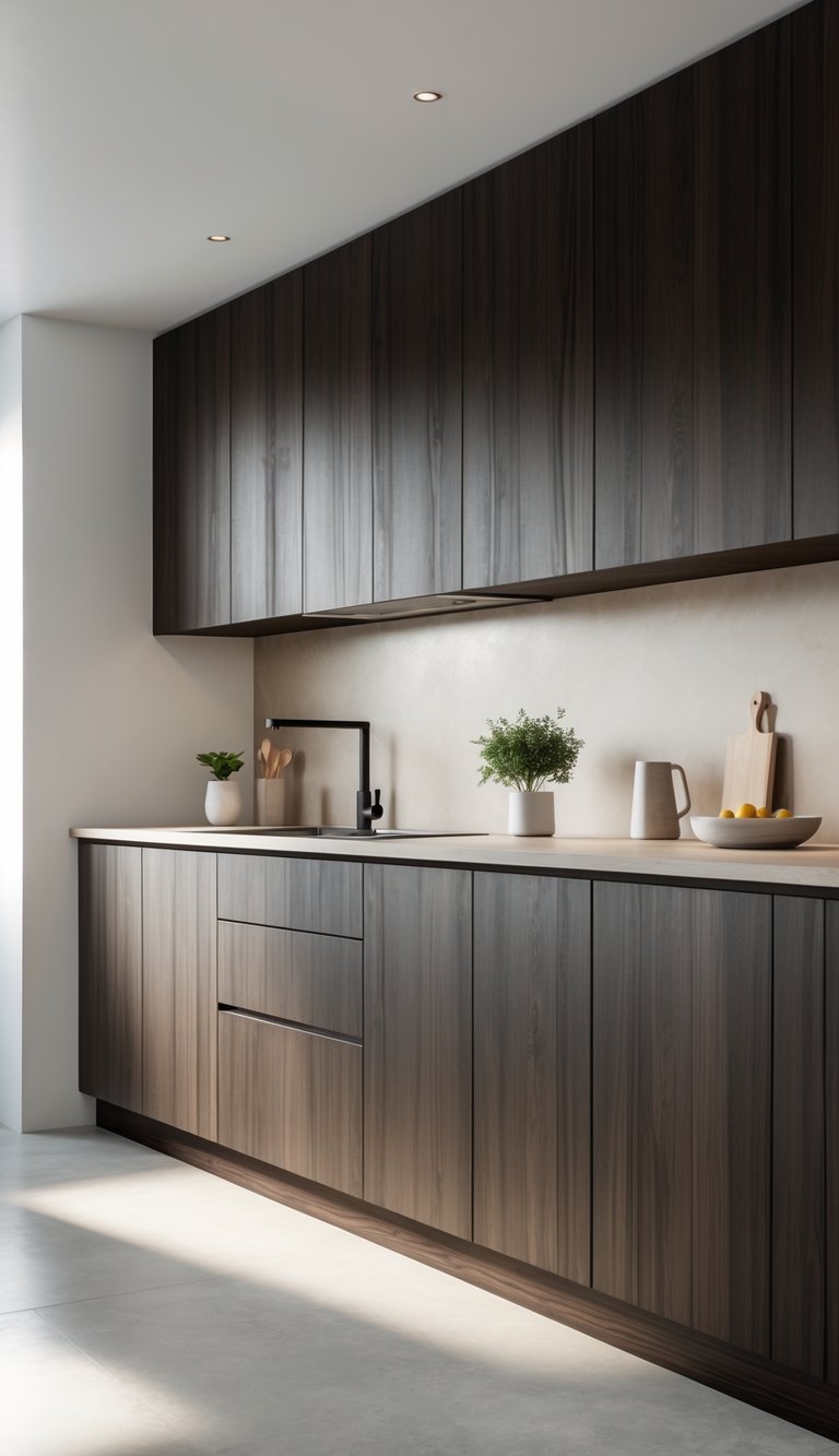 A modern kitchen with dark wood cabinets, light countertops, and a small potted plant on the counter.