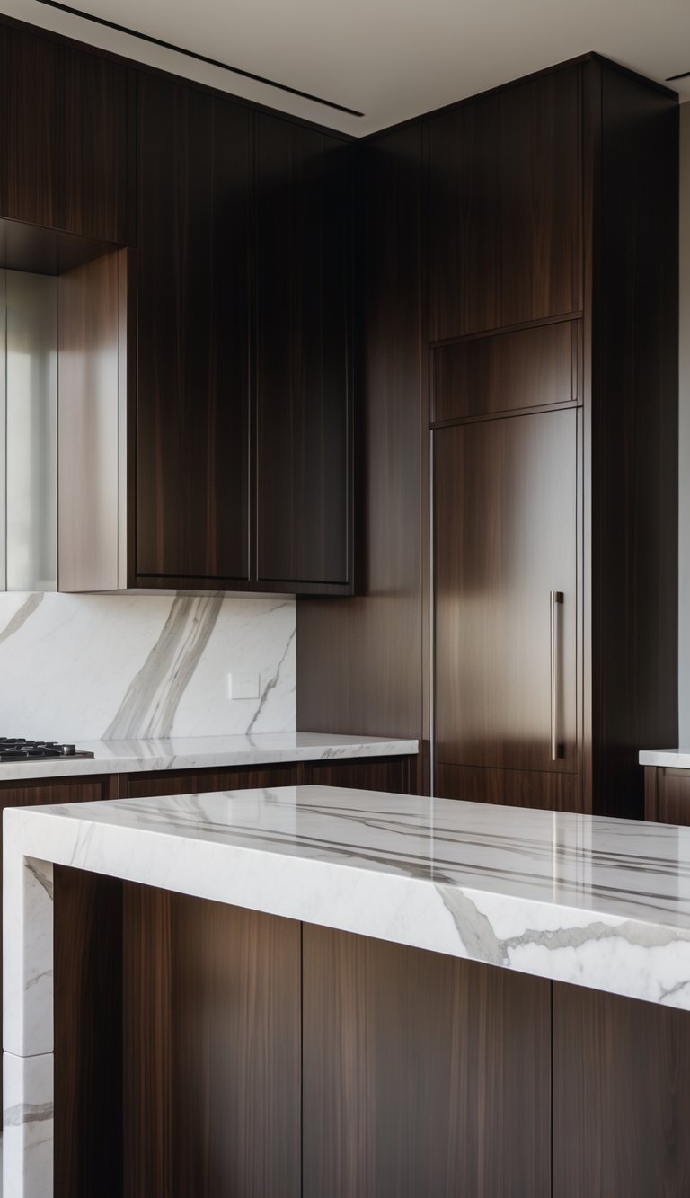 A kitchen with dark mahogany wood cabinets and white marble countertops.